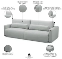 Sofá Retrátil Reclinável 210cm Sinna F05 Linho Cinza Claro - Mpozenato