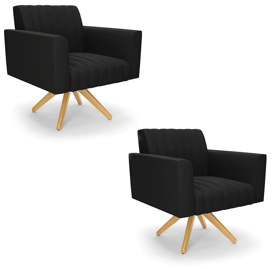 Kit 2 Poltronas Giratória Viena Gomada Suede Base de Madeira MA30 - D'Rossi - Preto