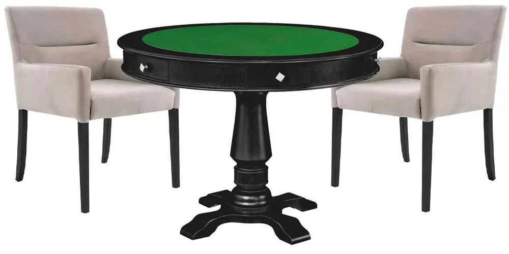 Mesa de Jogos Carteado Victoria Redonda Tampo Reversível Preto com Kit 2 Cadeiras Vicenza Nude G36 G15 - Gran Belo