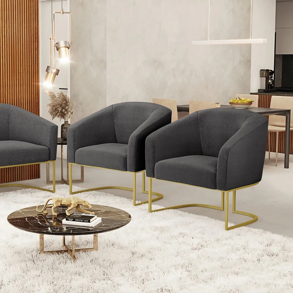 Cadeira Sala de Jantar Base Industrial Dourada Kit 2 Stella Bouclê D03 - D'Rossi - Grafite