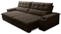 Sofá Retrátil 3 Lugares com Porta Copo 250cm Malta F05 Veludo Marrom E