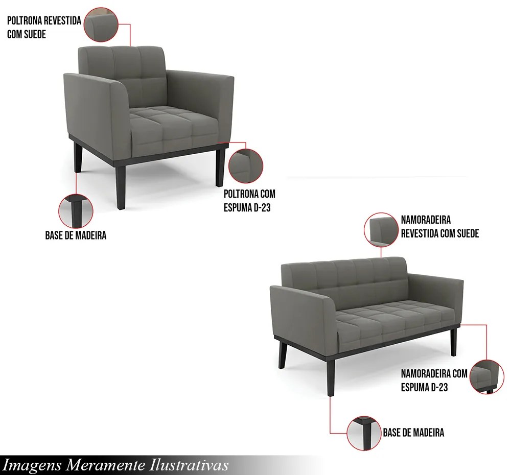 Conjunto 2 Poltronas e 1 Namoradeira Decorativa Karen Pés Fixo em Madeira Preto Suede Grafite G19 - Gran Belo