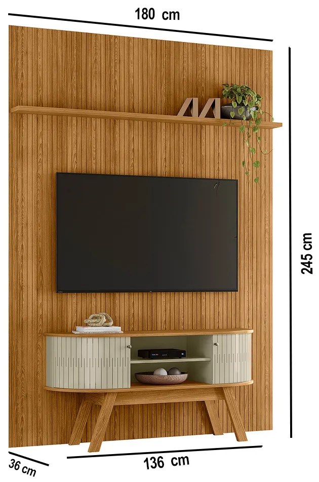 Painel TV 65 Pol 179cm Ripado Valen e Rack Bancada Rylan Cumaru/Opala M20 - D'Rossi