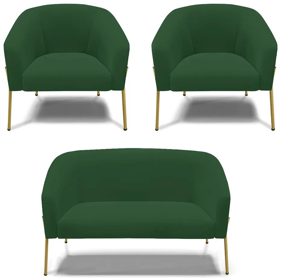Namoradeira e 2 Poltronas Pé de Ferro Dourado Stella Veludo D03 - D'Rossi - Verde
