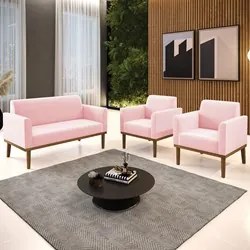 Sofá Namoradeira e 2 Poltronas Base Madeira Castanho Maressa Suede Ros