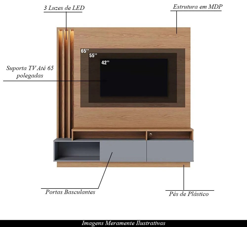 Estante Home Sala de Estar 180cm Filipina Led Freijó/Cinza G73 - Gran Belo