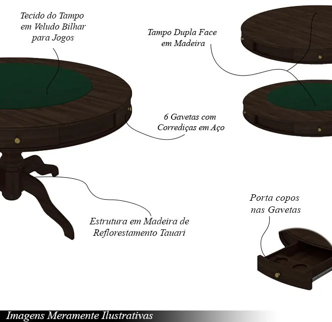 Conjunto Mesa de Jogos Carteado Bellagio Tampo Reversível e 6 Cadeiras Madeira Poker Base Estrela Veludo Verde/Capuccino G42 - Gran Belo
