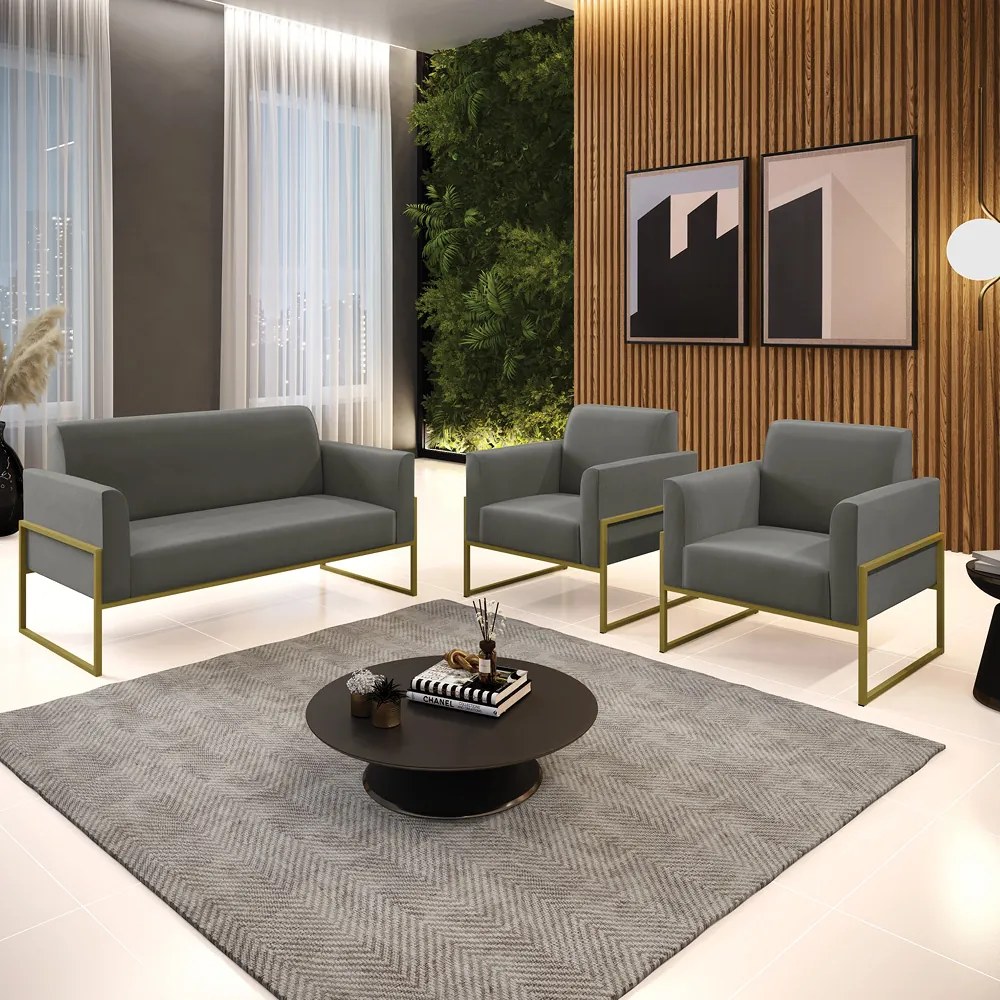 Sofá Namoradeira com 2 Poltronas Base Industrial Alta Dourado Marisa Suede D03 - D'Rossi - Grafite