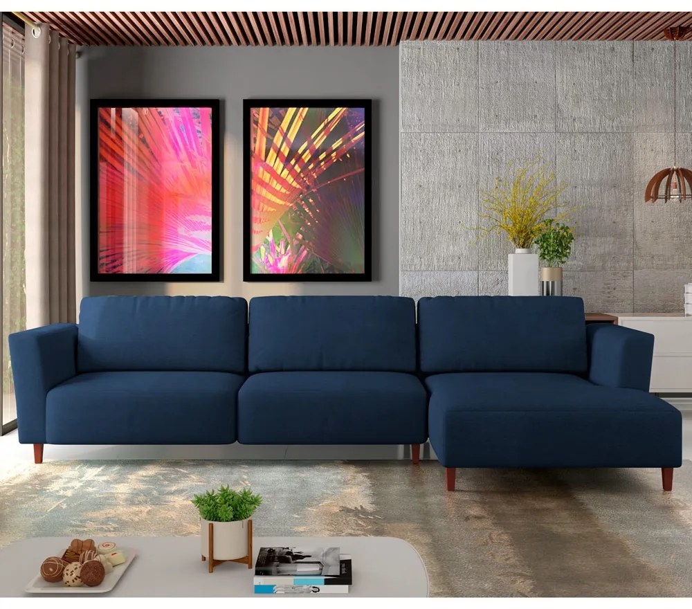 Sofá 290cm com Chaise Direita Franz Suede Azul - Gran Belo