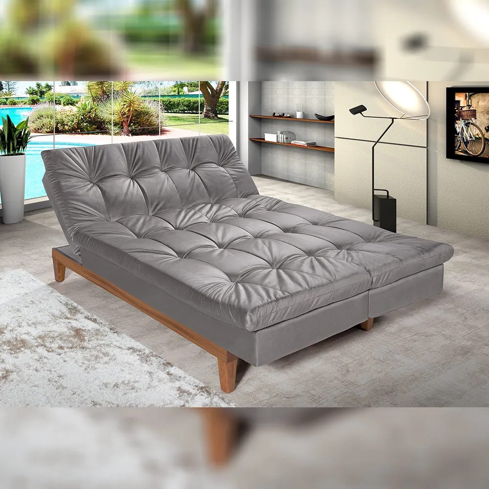 Sofá Cama Reclinável 2 Lugares Change Veludo Cinza G30 - Gran Belo