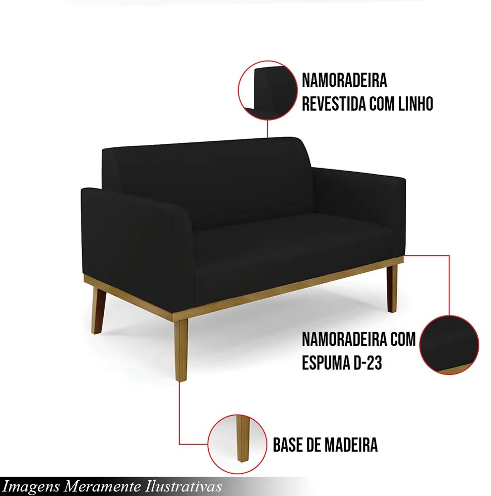 Poltrona Namoradeira Decorativa Isabella Pés Fixo em Madeira Castanho Linho Preto G19 - Gran Belo