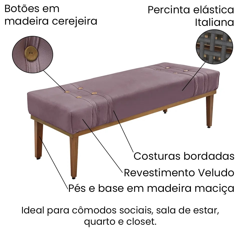 Divã Recamier Banco Base Madeira para Quarto Gênova 195cm Veludo S04 - D'Rossi - Uva