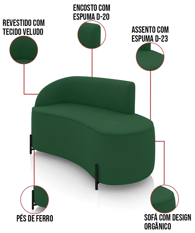 Sofá 2 Lugares Orgânico 140cm Pé Ferro Preto Morgan Veludo D03 - D'Rossi - Verde