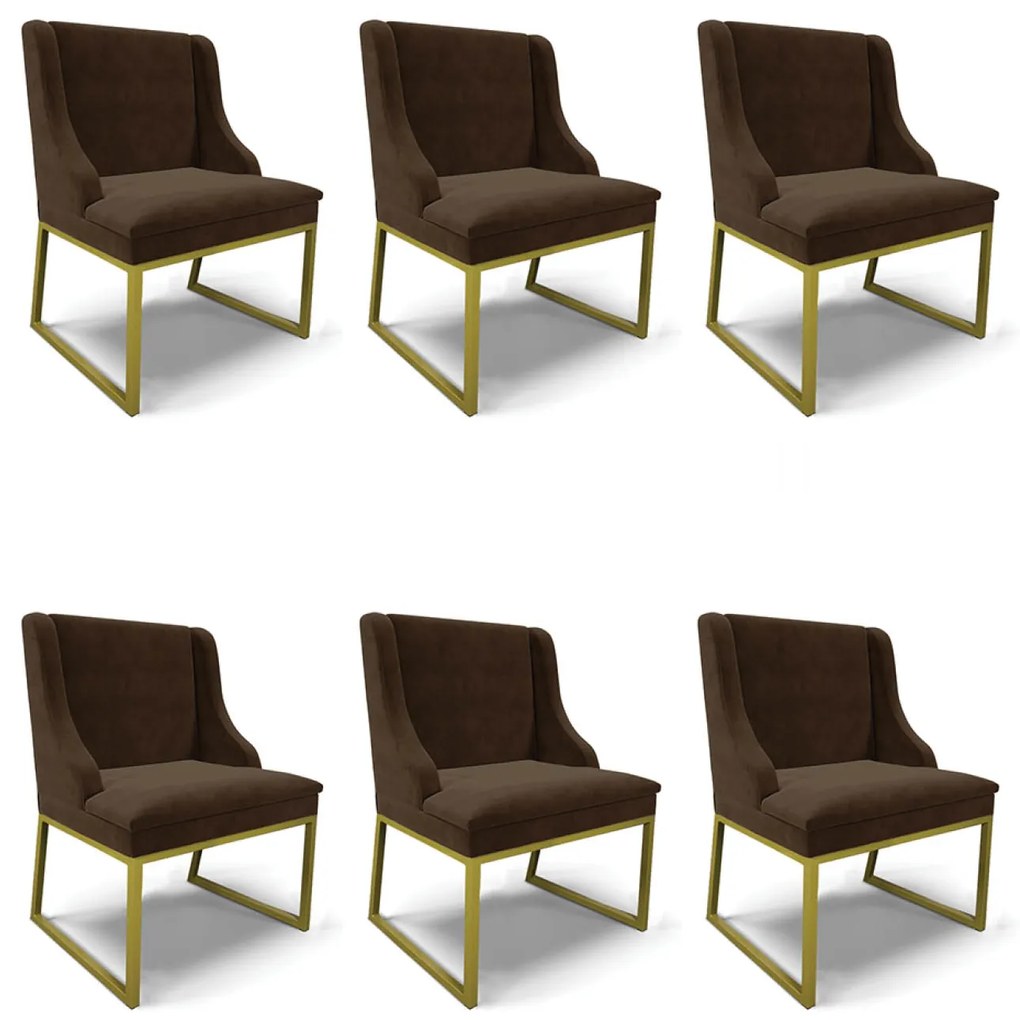 Cadeira Sala de Jantar Industrial Dourado Kit 6 Liz Suede D03 - D'Rossi - Marrom