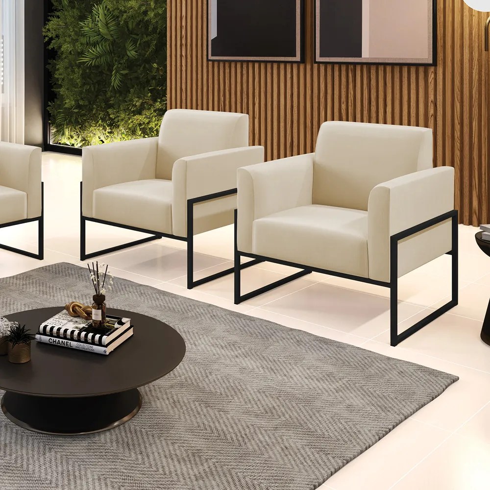 Kit 2 Poltronas Base Industrial Alta Preto Marisa Suede - Bege