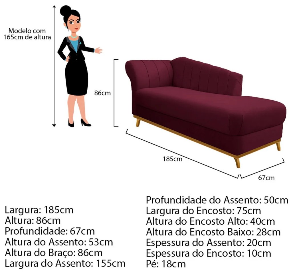 Recamier Vanessa 185cm Lado Direito Suede Bordô - ADJ Decor
