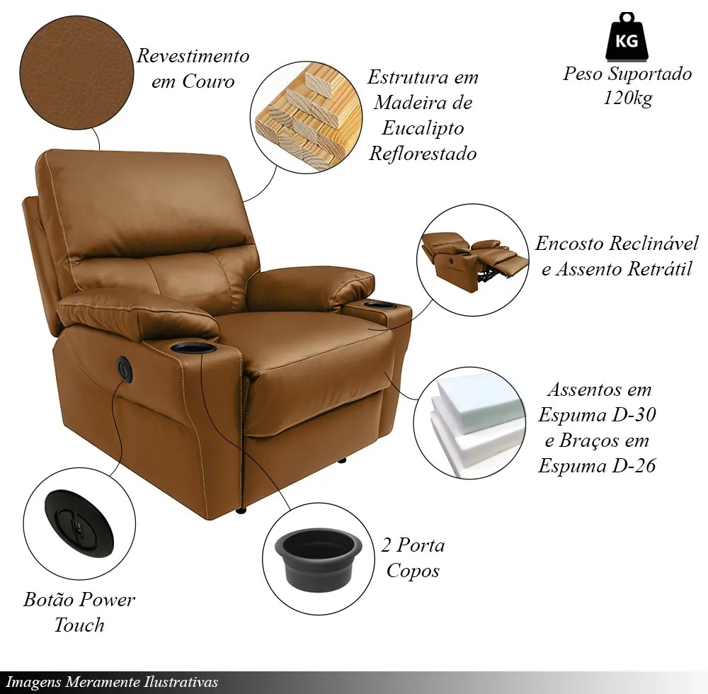 Poltrona do Papai Sala de Cinema Mia Reclinável Retrátil Power Elétrico Base Fixa Couro Caramelo Brilho G40 - Gran Belo