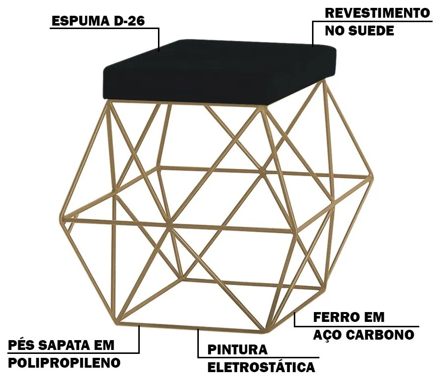 Puff Decorativo Sala de Estar Base Gold Trixie Suede Preto G41 - Gran Belo