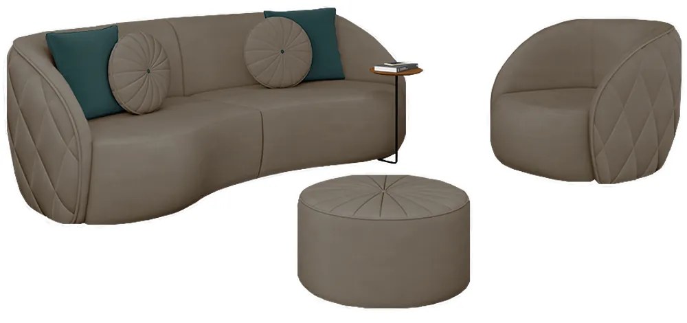 Conjunto Decorativo Sofá 240cm e Poltrona Clarke com Puff Round Veludo Bege G45 - Gran Belo