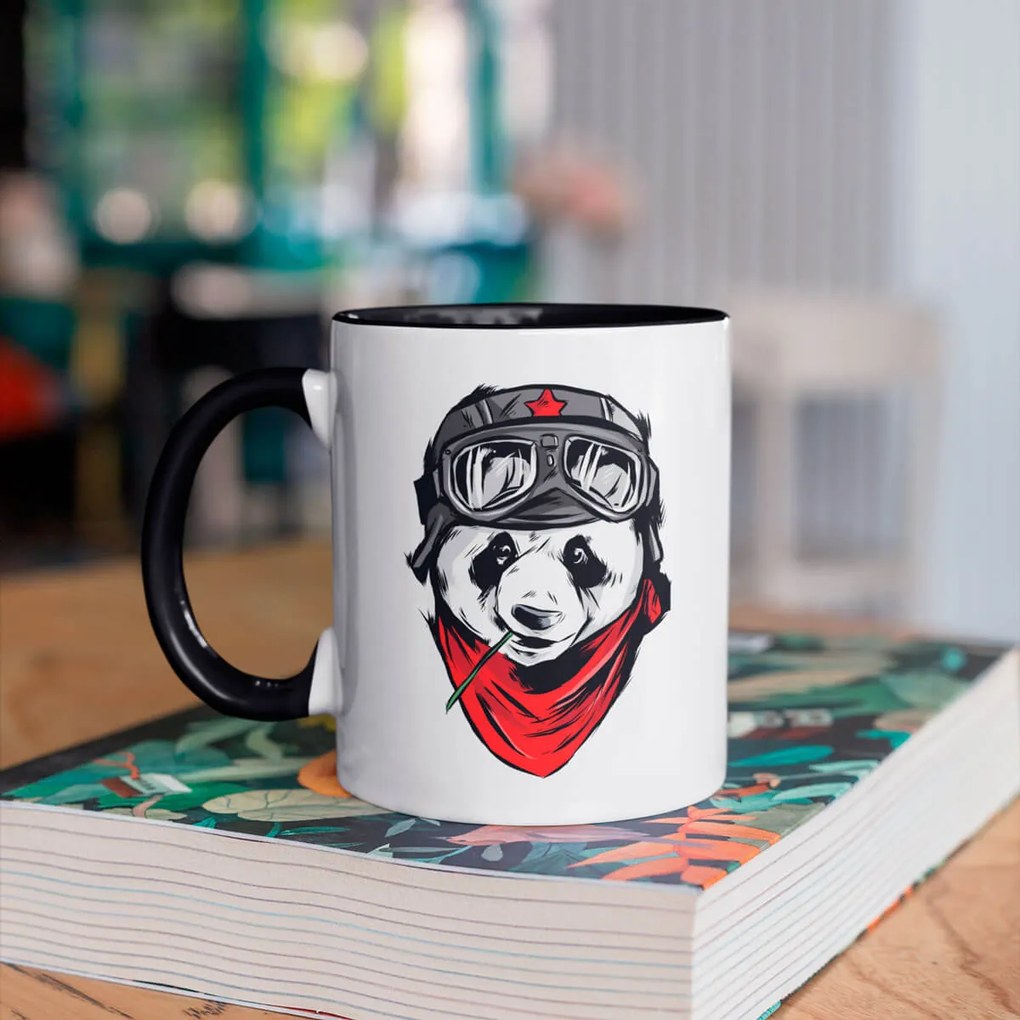 Caneca Panda Aviador Geek Nerd Branca com Alça Preta