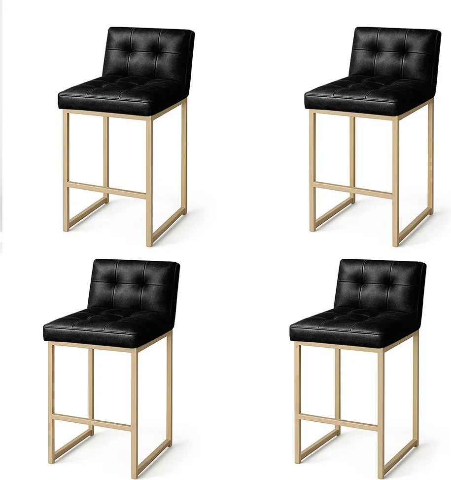 Banqueta Cozinha Alta com Encosto Industrial Kit 4 Champanhe Lirina PU Preto C05 - D'Rossi