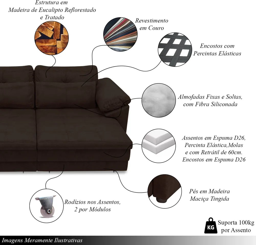 Sofá Retrátil Manual Sala de Estar Nolan Bipartido 379cm Conforto Premium em Couro Marrom Manchado G58 - Gran Belo