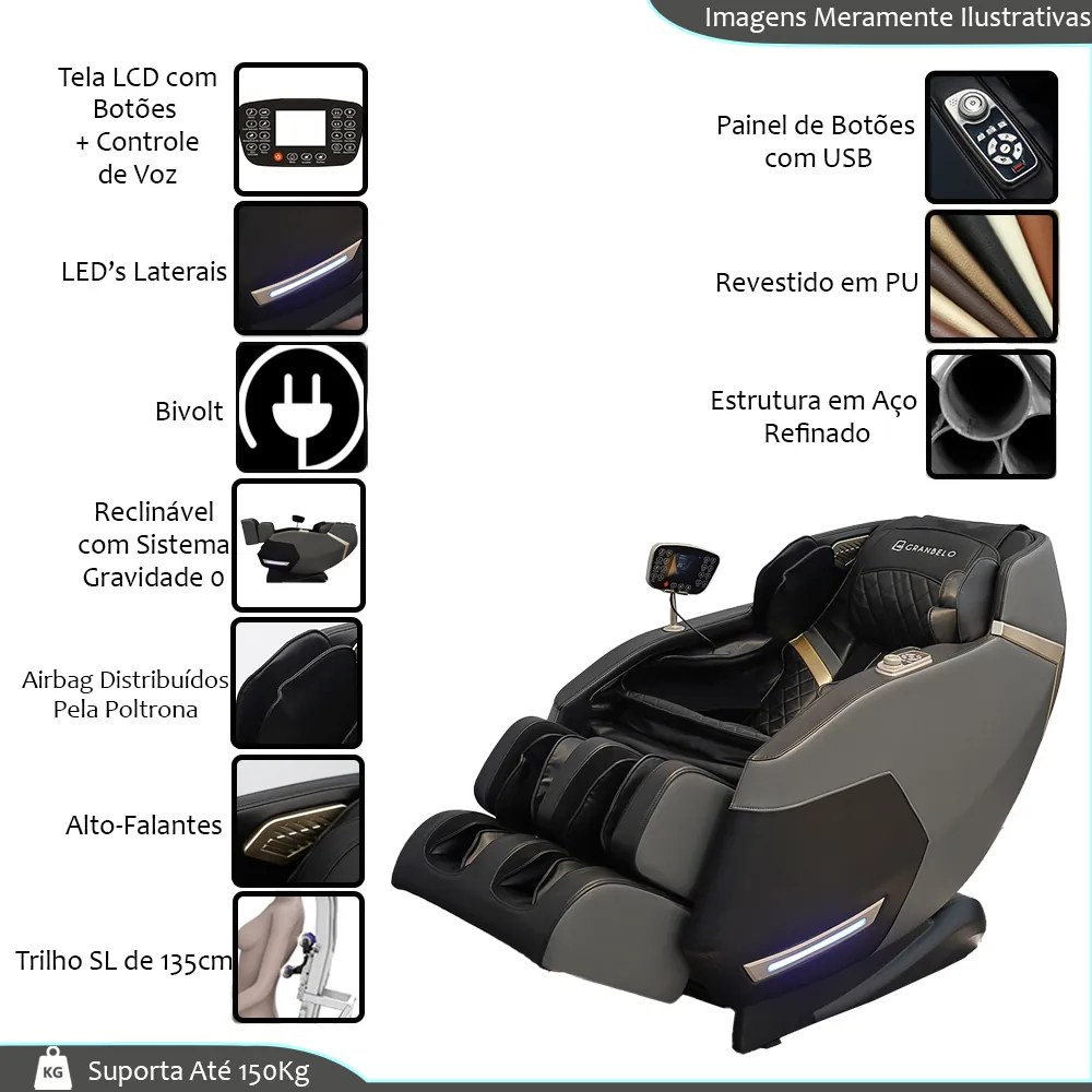 Poltrona de Massagem Elétrica Reclinação Gravidade Zero 3D Marvin Tela LCD PU Preto G94 - Gran Belo