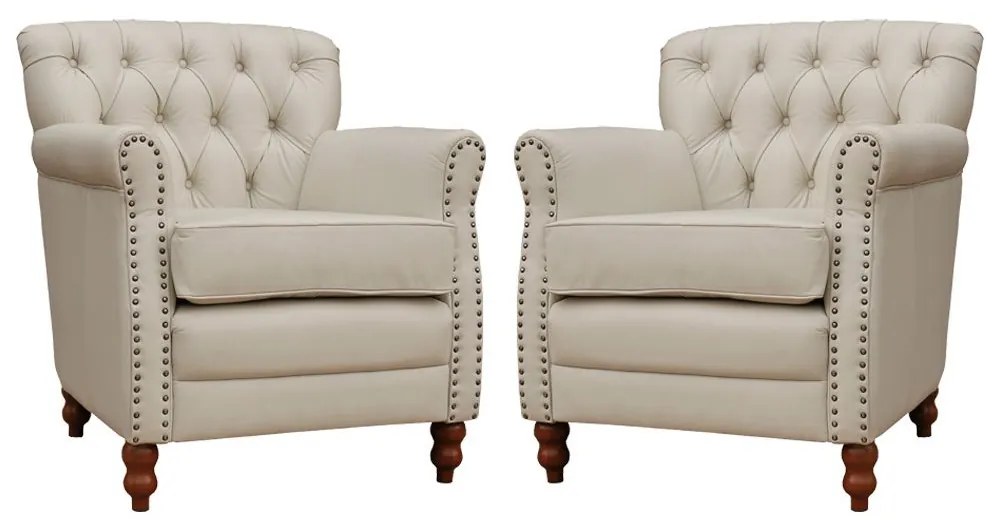 Kit 02 Poltronas Decorativas Sala de Estar Níger Pés Madeira Couro Off White G58 - Gran Belo