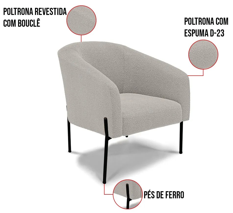 Poltrona Sala Decorativa Pé de Ferro Preto Stella Bouclê D03 - D'Rossi - Cinza