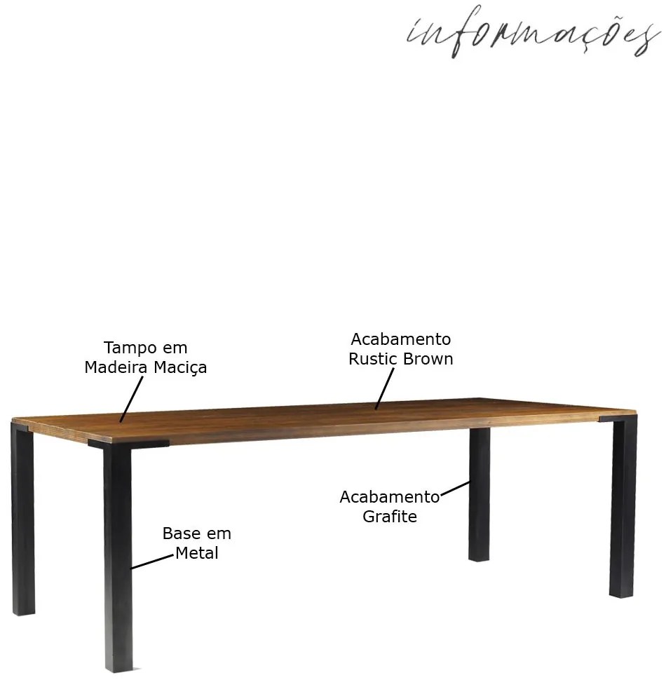 Mesa Sala de Jantar Cozinha Bladel 220cm Grafite Madeira Maciça Rustic Brown G54 - Gran Belo
