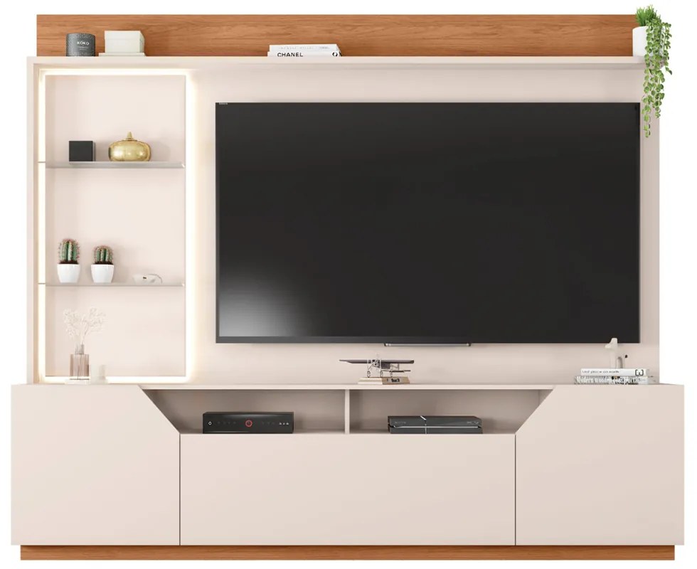 Home Theater Bruma 240cm com LED e Prateleiras em Vidro para TV até 65 MDP Off White/Freijo G11-  Gran Belo