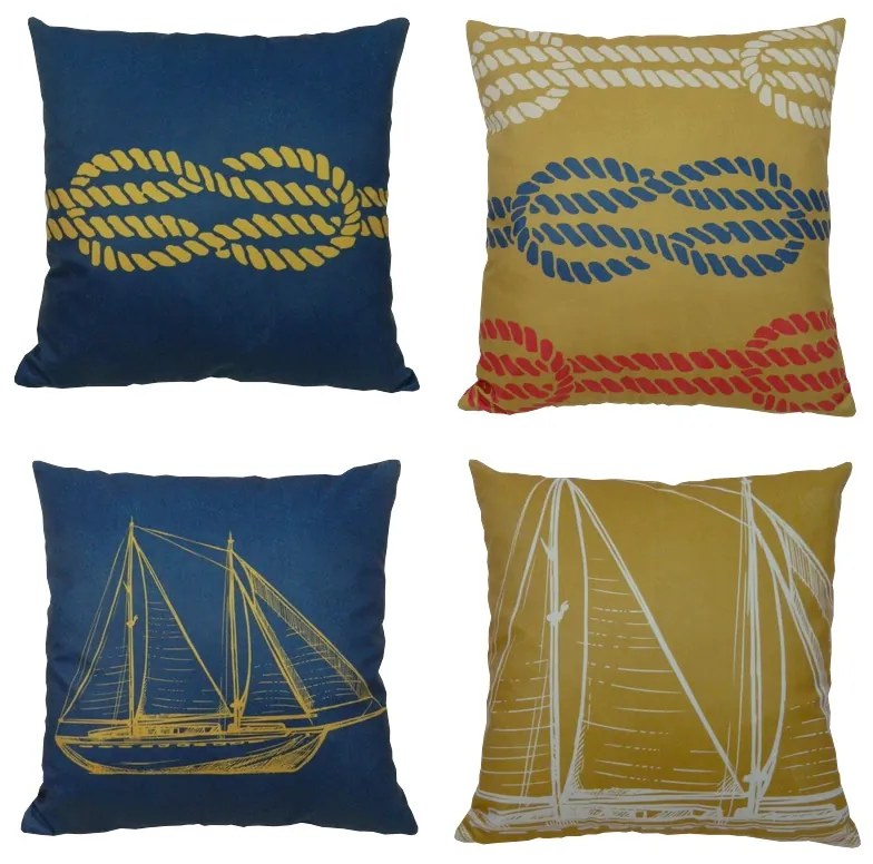 Almofada Marine Tons Mostarda e Azul 45x45cm - Vela - Com Enchimento