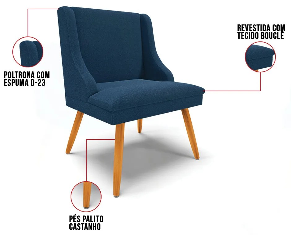 Cadeira Sala de Jantar Pé Palito Castanho Kit 4 Liz Bouclê D03 - D'Rossi - Azul