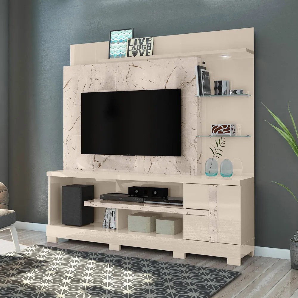 Estante de TV 55 Pol 182cm com Pé para Sala Elaris M20 - D'Rossi - Calacata e Off White