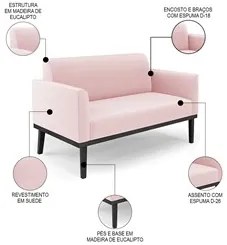 Sofá Namoradeira e 2 Poltronas Base Madeira Preto Maressa Suede Rosa B