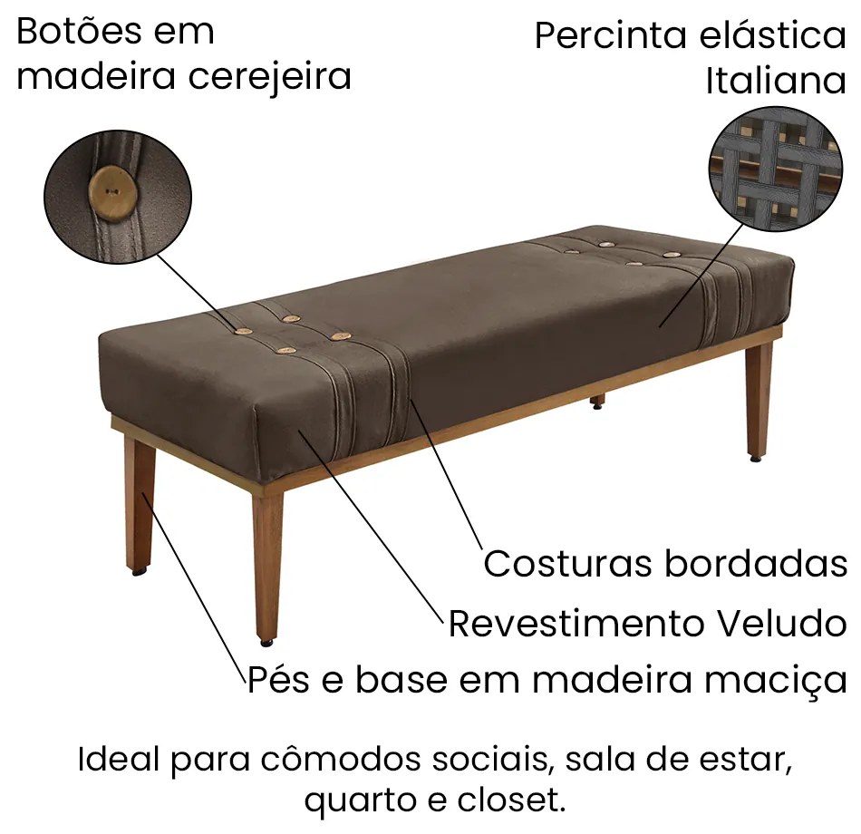 Divã Recamier Banco Base Madeira para Quarto Gênova 90cm Veludo S04 - D'Rossi - Marrom