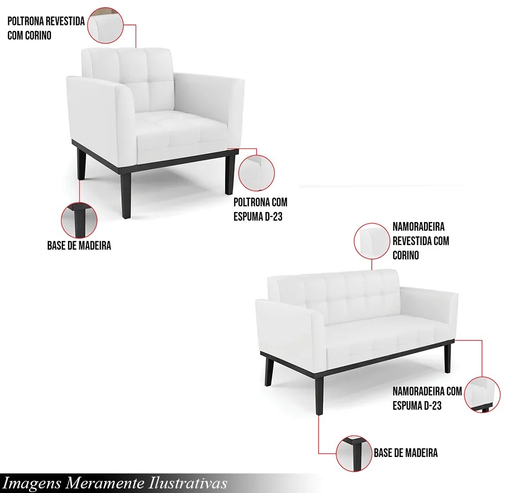Conjunto Poltrona e Namoradeira Decorativa Karen Pés Fixo em Madeira Preto PU Branco G19 - Gran Belo