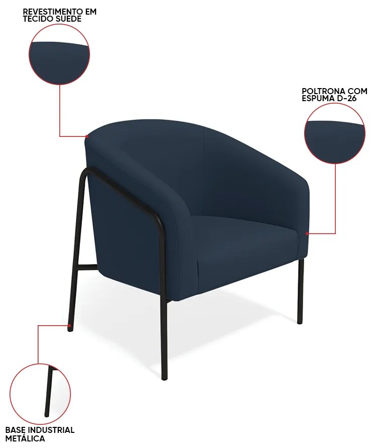 Poltrona Sala Industrial Alta Preto Stella Suede D03 - D'Rossi - Azul
