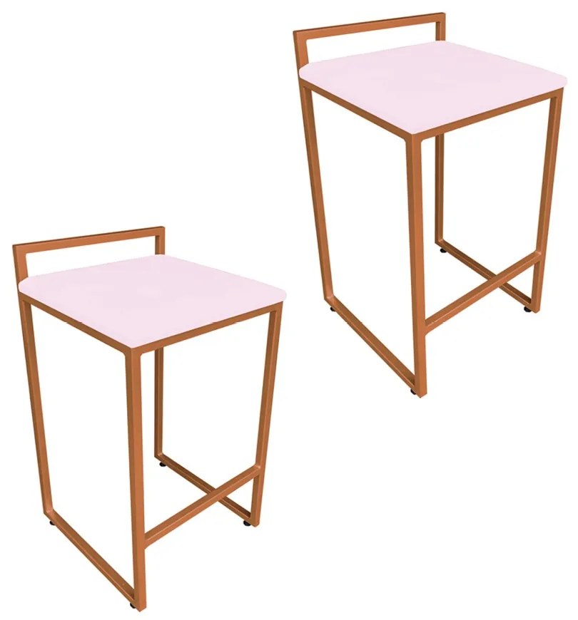 Conjunto 02 Banqueta Alta Industrial Pietra Suede Rosa Bebê Base Cobre D'Rossi