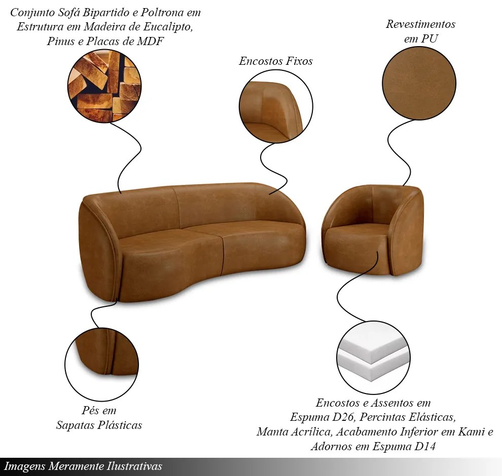Conjunto Sofá Sala de Estar Bipartido 240cm e 2 Poltronas Clarke PU Caramelo Manchado G45 - Gran Belo