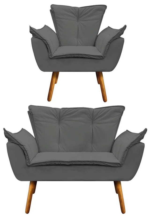 Sofá Namoradeira e Poltrona Pé Palito Castanho Opala Corino D03 - D'Rossi - Grafite