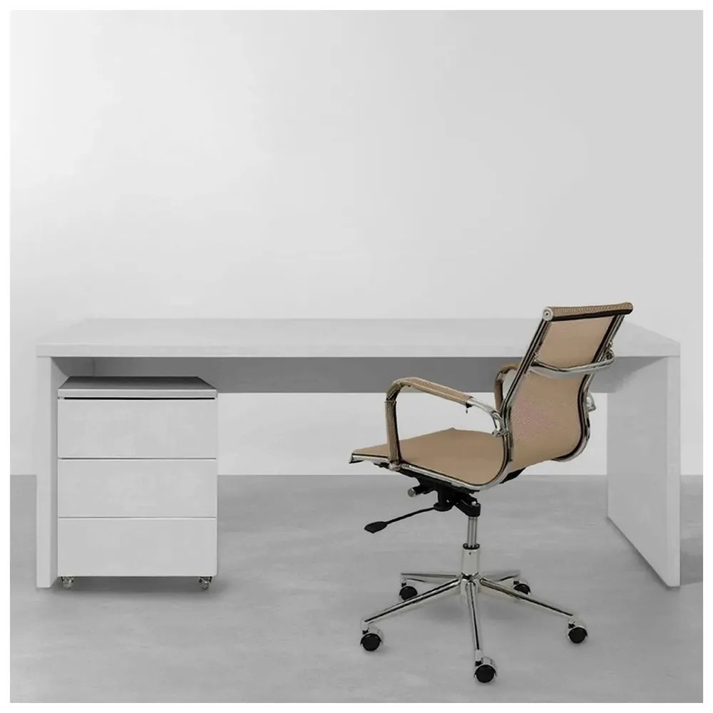 Conjunto Office - Bancada Contemporânea Branco 1,80m + Módulo Contemporâneo Branco 42,5cm + Cadeira de Escritório Noruega Cobre
