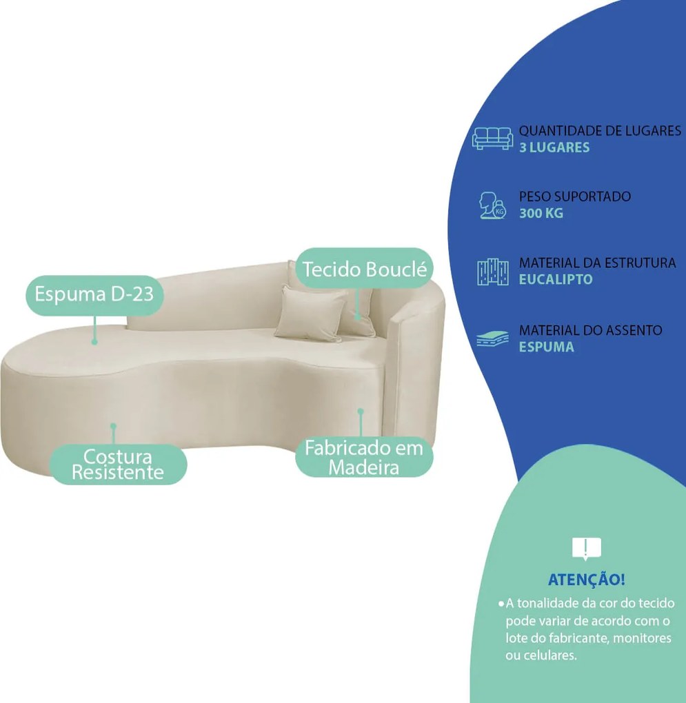 Kit Recamier Curvo Sala de Estar Inglaterra 200cm Lado Esquerdo e 2 Poltronas Orgânica Luxo Amore Bouclé