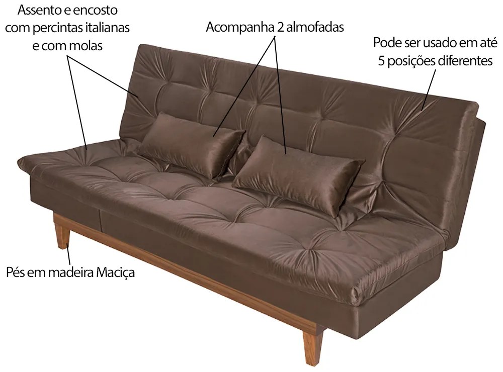 Sofá Cama Reclinável 2 Lugares Change Veludo Marrom G30 - Gran Belo