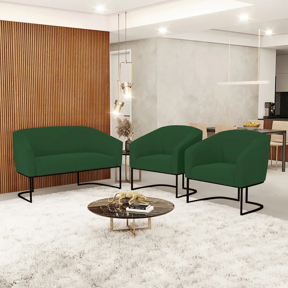 Namoradeira e 2 Poltronas Industrial Preto Stella Veludo D03 - D'Rossi - Verde