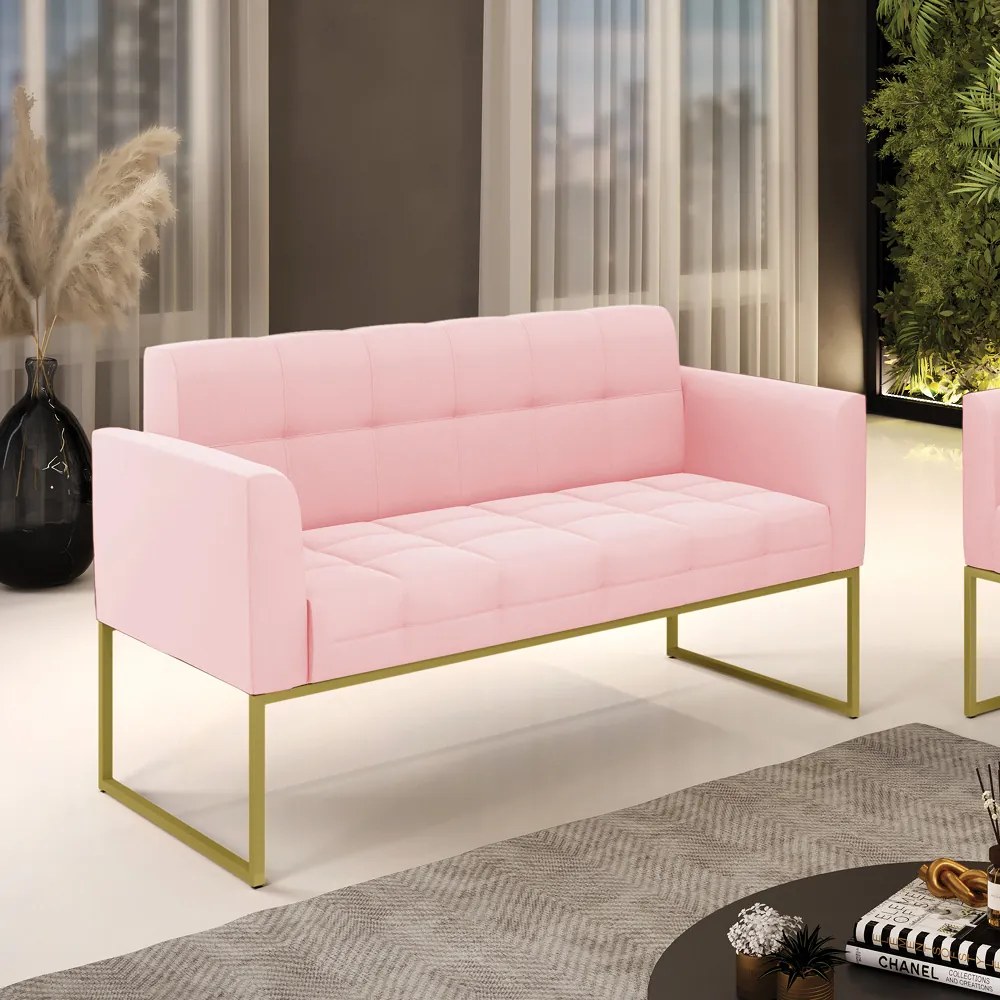 Sofá Namoradeira Elisa Suede Rosa Bebê Base Metálica Industrial Dourado - D'Rossi