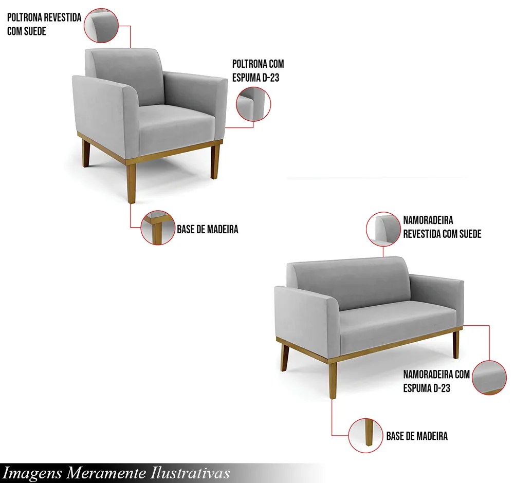 Conjunto 2 Poltronas e 1 Namoradeira Decorativa Isabella Pés Fixo em Madeira Castanho Suede Cinza G19 - Gran Belo