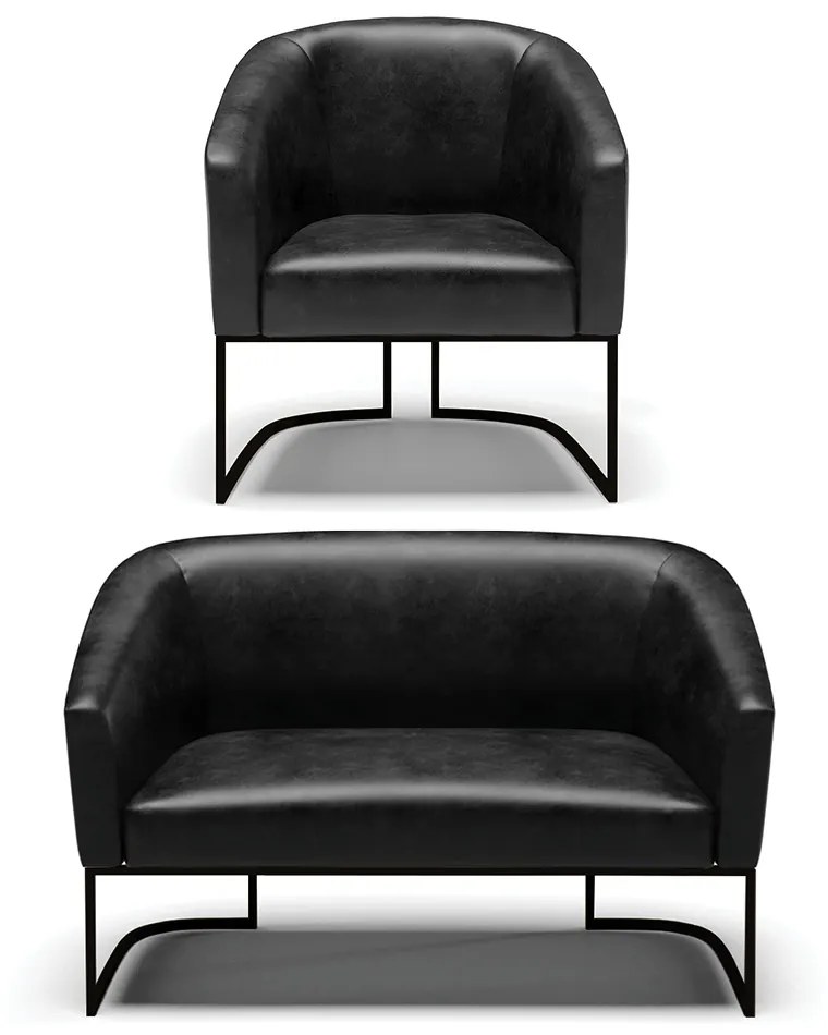 Sofá Namoradeira e Poltrona Base Industrial Preto Stella Corano D03 - D´Rossi - Preto