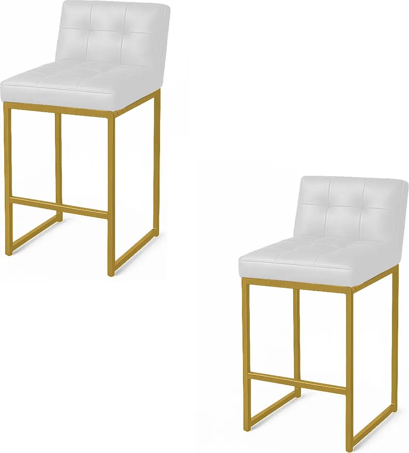 Banqueta Cozinha Alta com Encosto Industrial Kit 2 Dourado Lirina PU C05 - D'Rossi - Branco