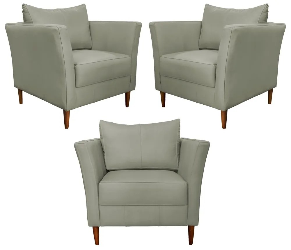 Kit 3 Poltronas Decorativa Sala de Estar Pés Palito Lubbock Couro Fendi G58 - Gran Belo
